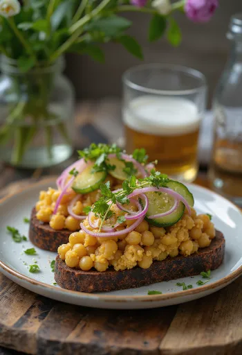 Smørrebrød csicseriborsó salátával, kenyéren tálalva friss petrezselyemmel díszítve
