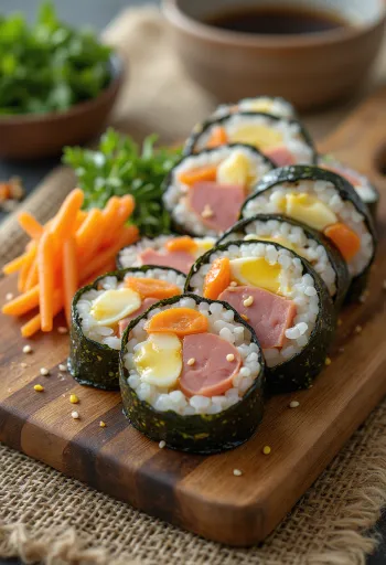 Spam gimbap, friss zöldségekkel és rizs töltelékkel