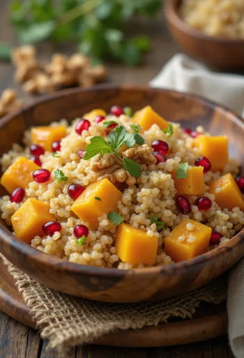 Sütőtökös quinoa saláta gránátalmával és pirított dióval.