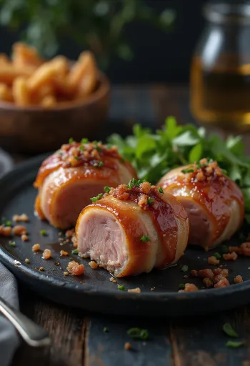 Szűzpecsenye baconbe csomagolva, friss zöldségekkel tálalva