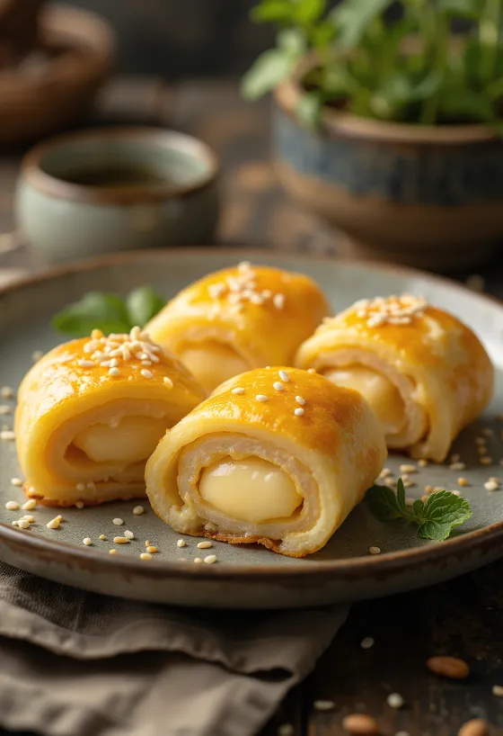 Tamagoyaki sajttal, olvadt sajttal a tojásos omlettben
