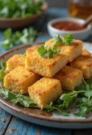 Tofu rántva csicseriborsó liszttel, ropogós tofu darabok friss korianderrel tálalva