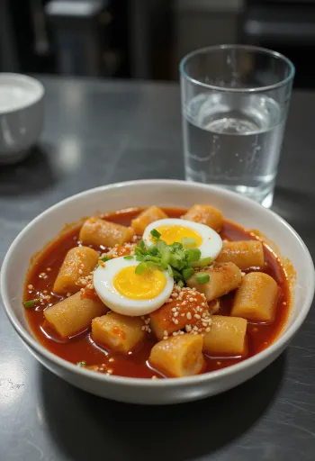 Tteokbokki csípős szószban főtt tojással, újhagymával és szezámmaggal tálalva