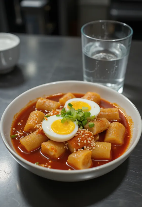 Tteokbokki csípős szószban főtt tojással, újhagymával és szezámmaggal tálalva