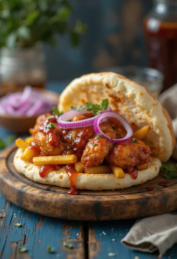 Amerikai stílusú gyros szendvics BBQ szósszal, friss zöldségekkel és sült krumplival