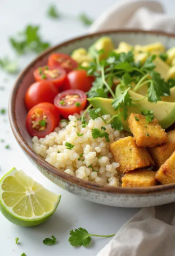 Avokádós quinoa Buddha-tál currys lime tofuval tálalva