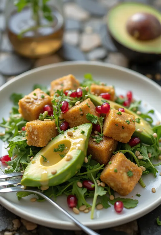 Avokádós sült tofu gránátalmával