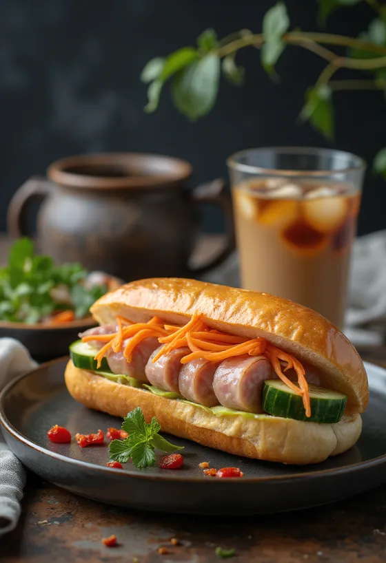Bánh Mì Chả Lụa vietnámi kolbászos szendvics friss zöldségekkel és korianderrel tálalva.