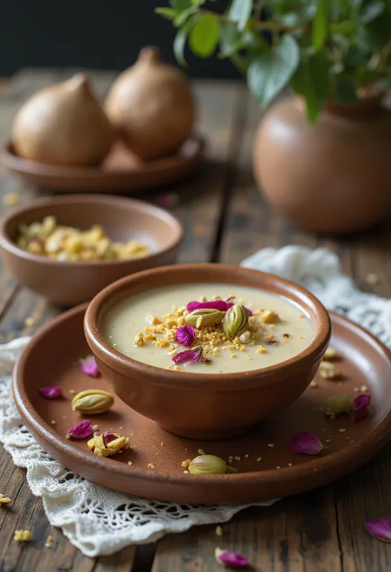 Basundi vegán változatban, kókusztejjel, mandulával és pistáciával díszítve