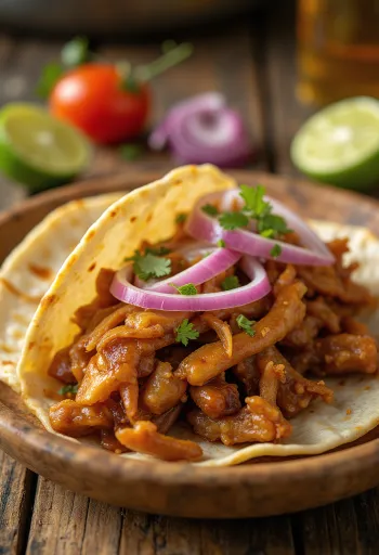 Carnitas Taco lassan főtt sertéshússal, korianderrel és piros hagymával
