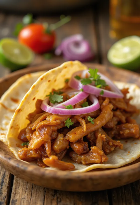 Carnitas Taco lassan főtt sertéshússal, korianderrel és piros hagymával