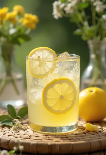 Citromos-bodzás cider gyümölcsös ital citromkarikával és bodzavirággal díszítve