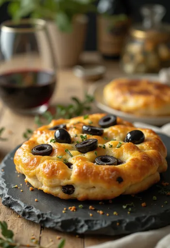 Crumpet olajbogyóval tálalva, frissen sütve, aranybarna külsejével