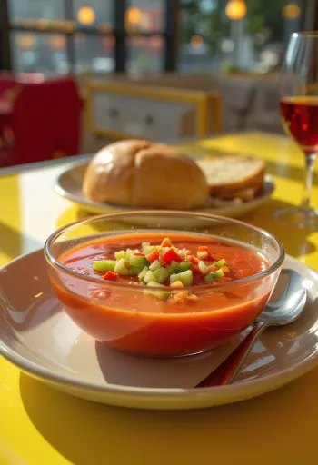 Friss gazpacho jéghidegen tálalva, apróra vágott zöldségekkel díszítve
