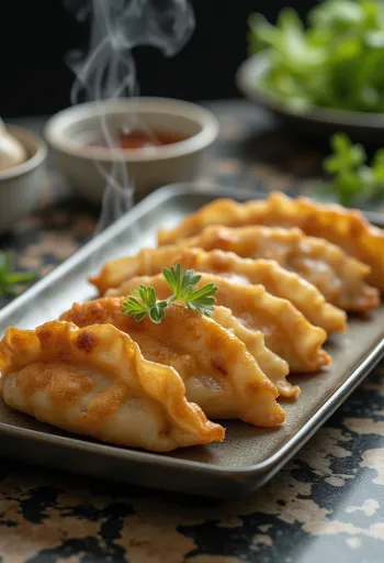 Ropogósra sült csirkehúsos gyoza batyuk tálalva tányéron