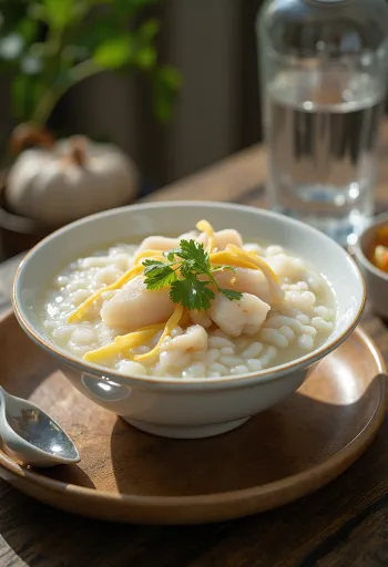 Halas Congee tálalva friss korianderrel és rizses állaggal