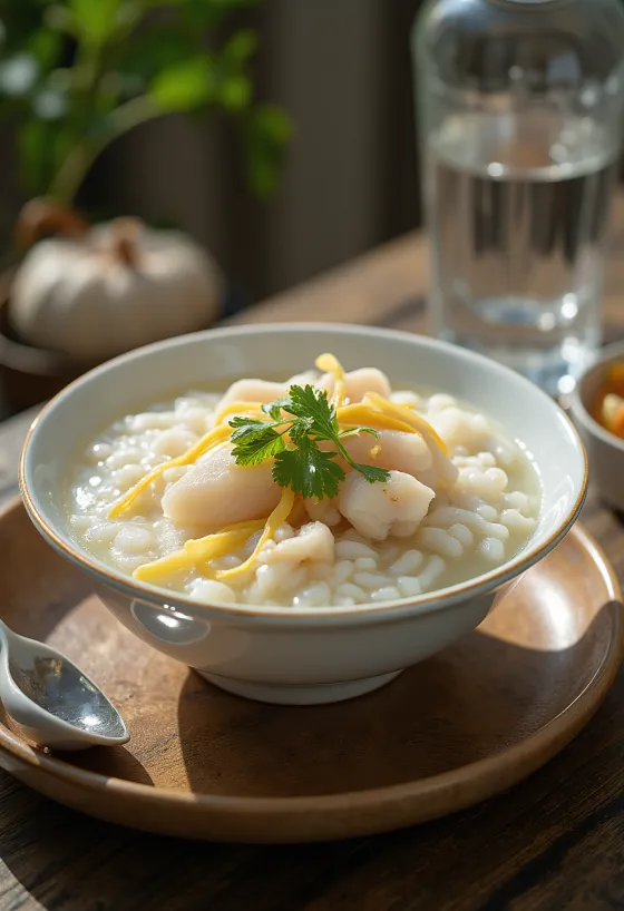 Halas Congee tálalva friss korianderrel és rizses állaggal