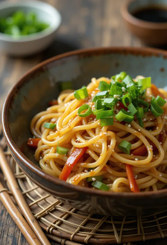 Japchae szójaszósszal és gyömbérrel tálalva, édesburgonya tésztával és zöldségekkel