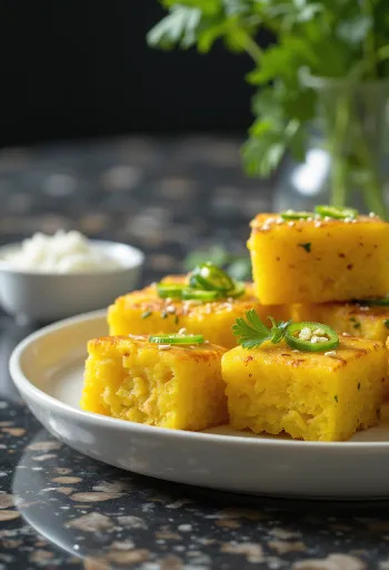Khaman Instant Dhokla tálalva, fűszeres olajjal és korianderrel