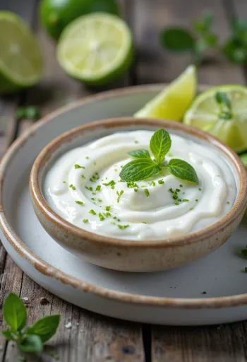 Korianderes lime joghurtmártás tálalva egy tálban friss korianderrel és lime szeletekkel.