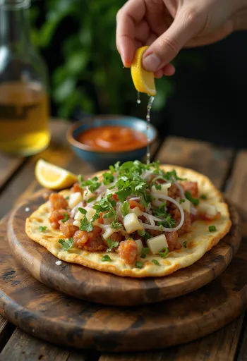 Lahmacun petrezselyemmel, friss tésztával és fűszeres húsos töltelékkel tálalva