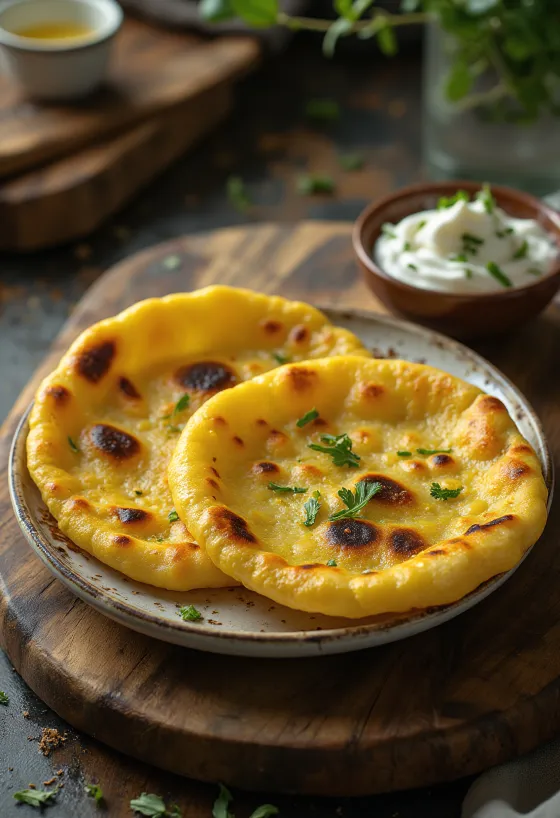 Makki ki roti joghurttal, indiai étel, aranybarna roti tálalva joghurttal