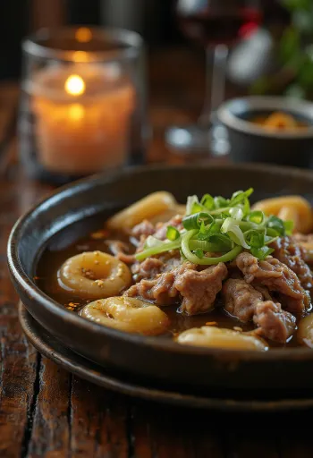 Marhahúsos Sujebi, koreai tészta leves marhahússal és póréhagymával
