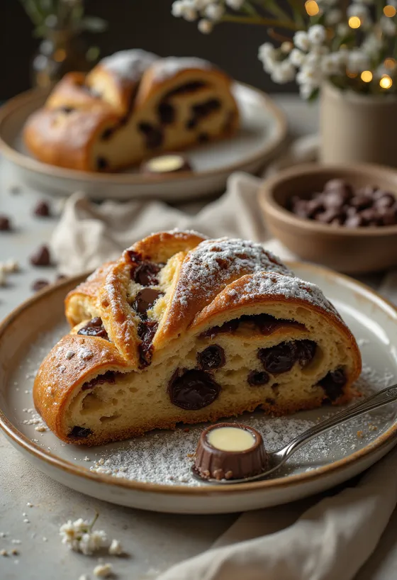Mentás-csokoládés Stollen szeletelve, porcukorral meghintve