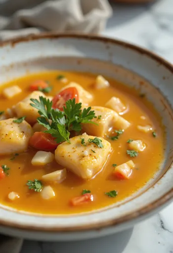 Moqueca tálalva híg szósszal, halakkal és kókusztejjel