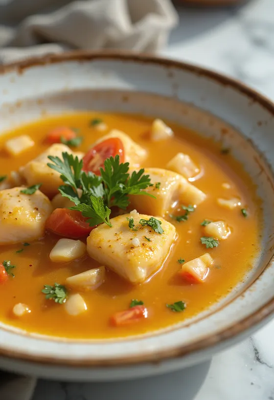 Moqueca tálalva híg szósszal, halakkal és kókusztejjel