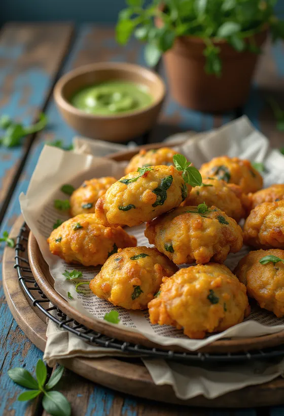Pakora csicseriborsóval, friss korianderrel tálalva