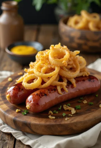 Pølse med ropogós hagymával, friss petrezselyemmel tálalva