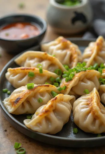 Pork Gyoza tálalva pirítva szójaszószos mártogatóval