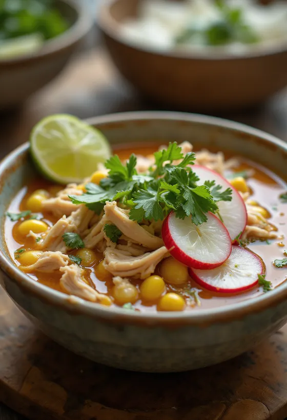Pozole de pollo, csirkehússal és hominy kukoricával, lime gerezdekkel