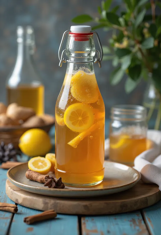 Fűszeres probiotikus kombucha poharakban, enyhén borostyán színű ital