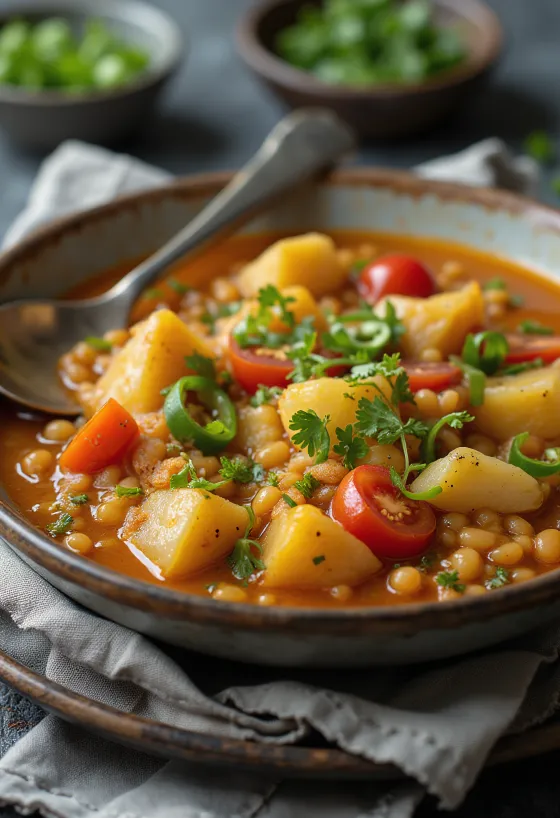 Sambar káposztával, gazdag fűszerekkel tálalva