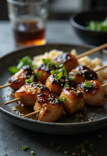 Shiro yakitori csirke belsőséggel, szezámmaggal és zöldhagymával tálalva