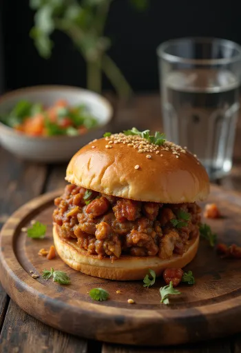 Köményes Sloppy Joe szendvics, gazdagon elhelyezett darálthúsos töltelékkel