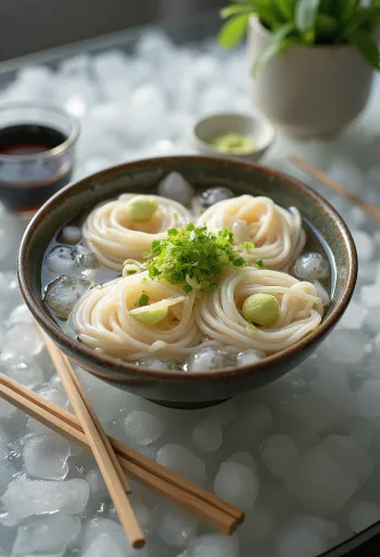 Somen tsuyu mártással, japán hideg tészta, zöldhagymával és wasabival