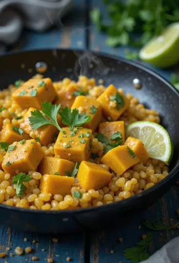 Sütőtökös quinoa wok currys tahinivel tofuval tálalva