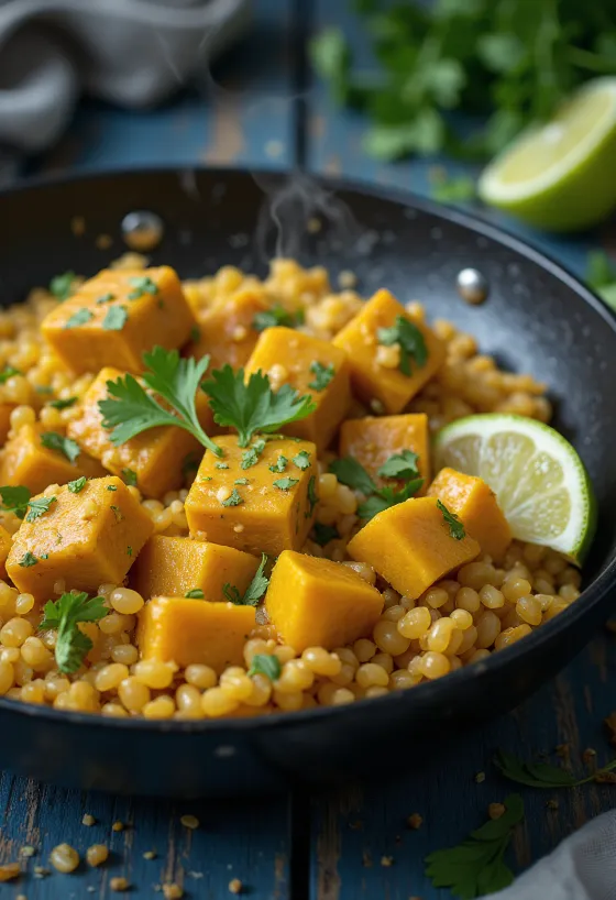 Sütőtökös quinoa wok currys tahinivel tofuval tálalva