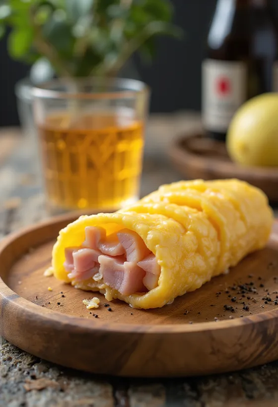 Tamagoyaki sonkával, szójaszósszal és mirinnel tálalva