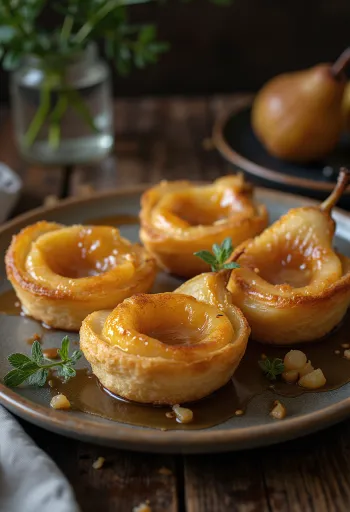 Tarte Tatin körtevel, karamellás piskóta körte szeletekkel
