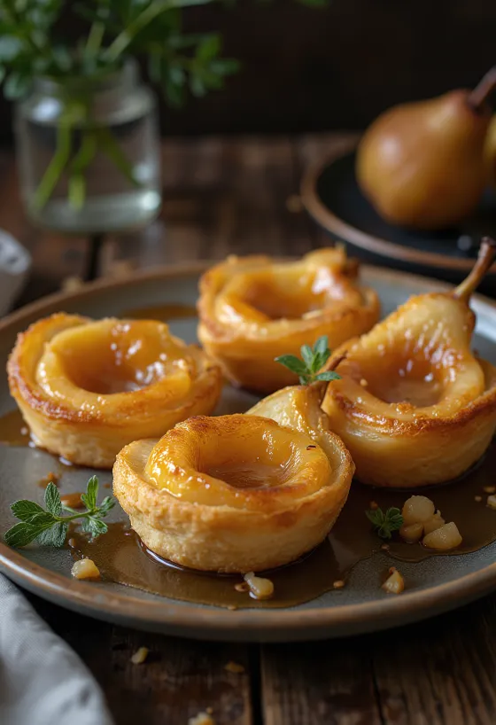 Tarte Tatin körtevel, karamellás piskóta körte szeletekkel
