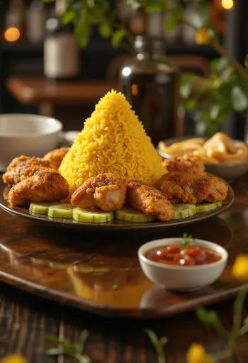 Tumpeng sült csirkével, kókusztejes rizzsel és friss korianderrel tálalva, egy szép tálon