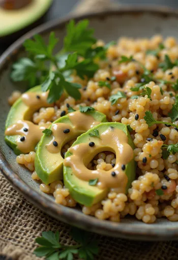 Avokádós quinoa Buddha-tál currys tahinivel tálalva