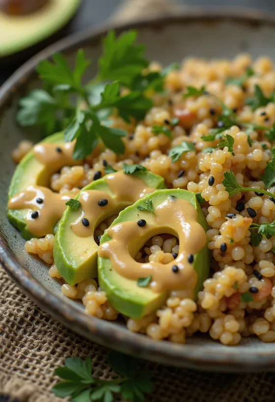 Avokádós quinoa Buddha-tál currys tahinivel tálalva