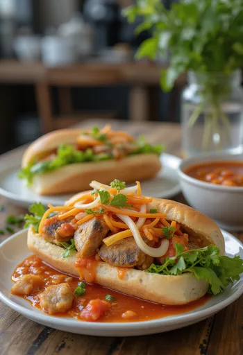 Bánh Mì Cá Mòi szardíniás szendvics friss zöldségekkel és korianderrel tálalva.