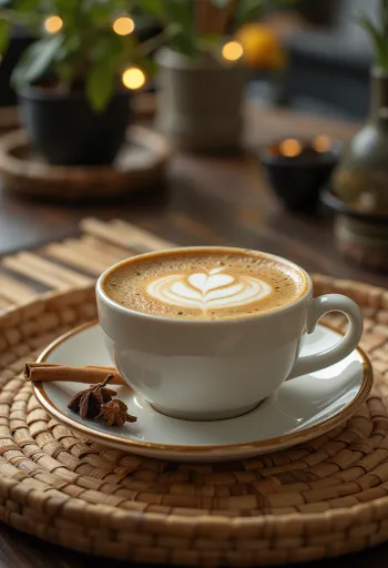 Fahéjas-szegfűszeges latte kávéital fahéjrúddal és tejszínhabbal díszítve