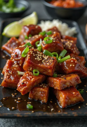 Gochujang galbi, koreai marhahús tavaszi hagymával és szezámmaggal díszítve